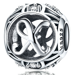 Sterling silver 925 Magic alphabet letter X + cubic zirconia, bead for bracelet