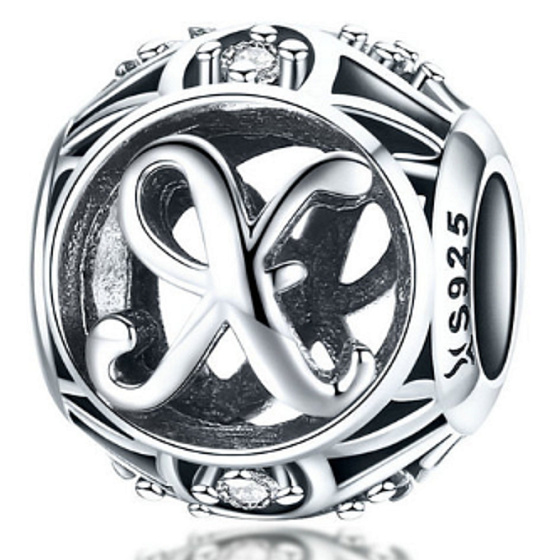 Sterling silver 925 Magic alphabet letter X + cubic zirconia, bead for bracelet