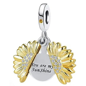 Charm Sterling silver 925 Blossoming sunflower gold plated with inscription - You are my sunshine, openable bracelet pendant love