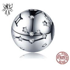 Sterling silver 925 zodiac sign Gemini + cubic zirconia, bead for bracelet 9 mm