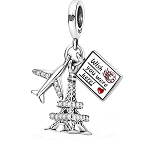 Sterling silver 925 Flying to Paris - wish you were here, 3in1 travel bracelet pendant 9 mm Sterling silver 925 Flying to Paris - wish you were here, 3in1 travel bracelet pendant 9 mm