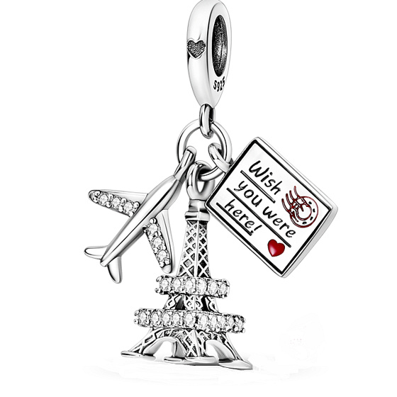 Sterling silver 925 Flying to Paris - wish you were here, 3in1 travel bracelet pendant 9 mm