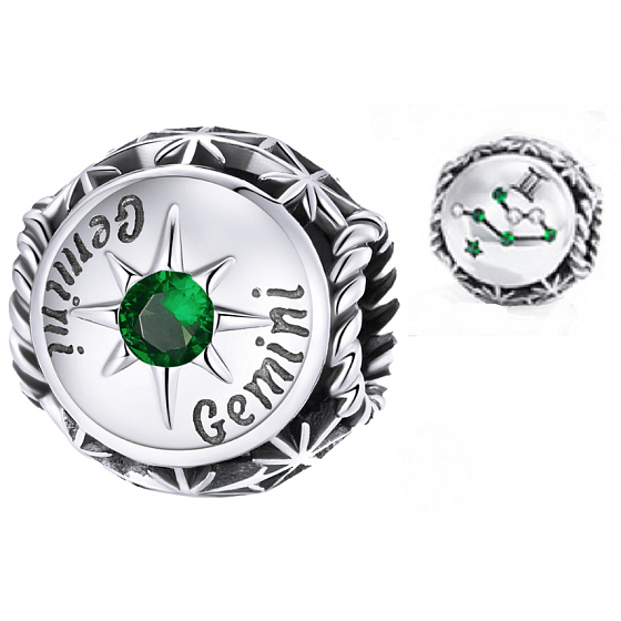 Charm Sterling silver 925 Zodiac sign, cubic zirconia Gemini, bead for bracelet