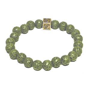 Lava bottle green with royal mantra Om, bracelet elastic natural stone, ball 8 mm / 16-17 cm, born of the four elements