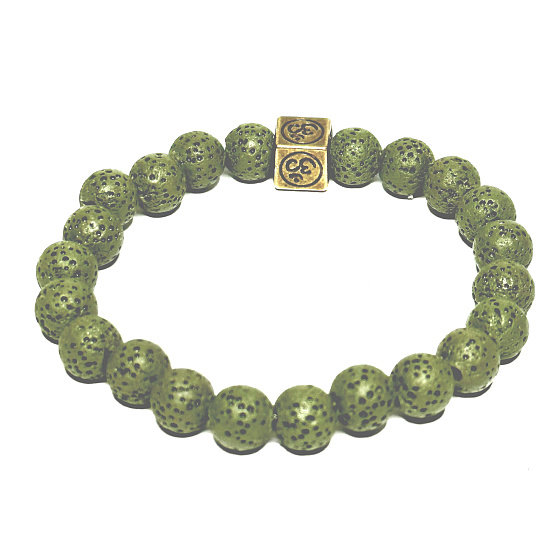 Lava bottle green with royal mantra Om, bracelet elastic natural stone, ball 8 mm / 16-17 cm, born of the four elements
