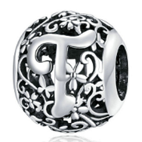 Sterling silver 925 Magic alphabet letter T with flowers, bead for bracelet