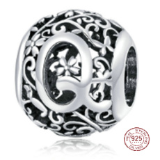 Sterling silver 925 Magic alphabet letter Q with flowers, bead for bracelet