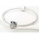 Sterling silver 925 Owl with blue cubic zirconia, bead on bracelet animal