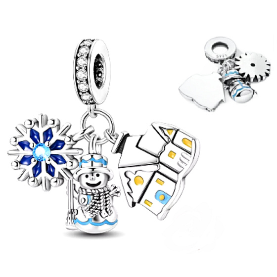 Charm Sterling Silver 925 Christmas 3-in-1 House, Star, Snowman, Bracelet Pendant Winter