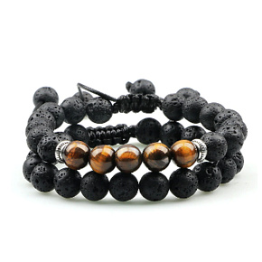 Lava black + Tiger eye, duo bracelet natural stone, ball 8 mm / adjustable size Lava black + Tiger eye, duo bracelet natural stone, ball 8 mm / adjustable size