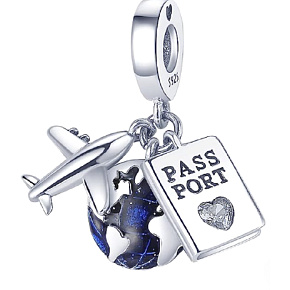Charm Sterling silver 925 Round the world, globe, passport, plane, 3in1 travel bracelet pendant
