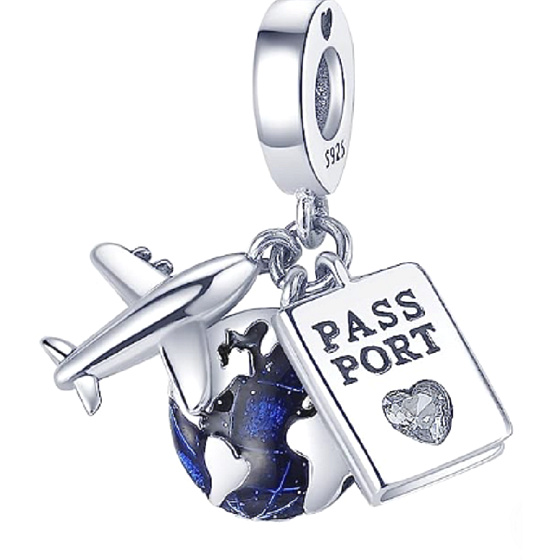 Charm Sterling silver 925 Round the world, globe, passport, plane, 3in1 travel bracelet pendant