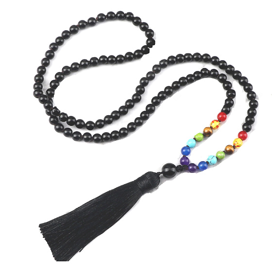 108 Mala 7 chakra necklace, Onyx meditation jewellery, natural stone knotted, elastic, tassel 8 cm, bead 6 mm