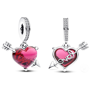 Charm Sterling Silver 925 Red Heart and Arrow Murano Glass, Love Bracelet Pendant