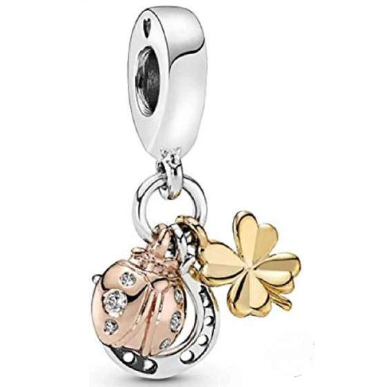 Sterling silver 925 Trio of luck, horseshoe, four-leaf clover, ladybug 3in1, bracelet pendant, animal