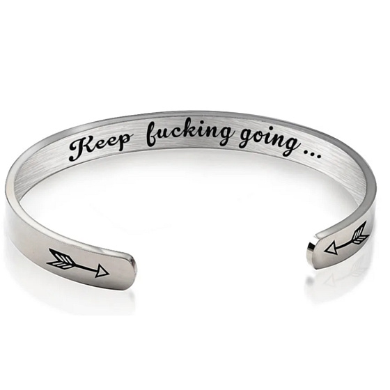 Stainless steel bracelet silver with engraving Keep going, open cuff, 4 mm