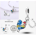Charm Sterling Silver 925 Rooster and Horseshoe 2-in-1, Animal Bracelet Pendant