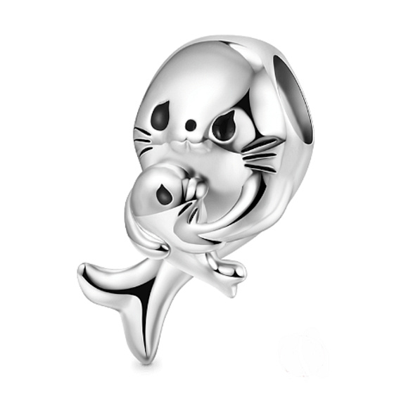Charm Sterling silver 925 Seal with baby - mother's love, bead on bracelet animal