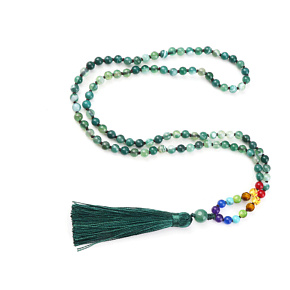 108 Mala 7 chakra necklace, Agate green meditation jewelry, natural stone, elastic, tassel 8 cm, bead 6 mm