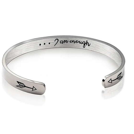 Stainless steel bracelet silver with engraving Just enough, open cuff, 4 mm