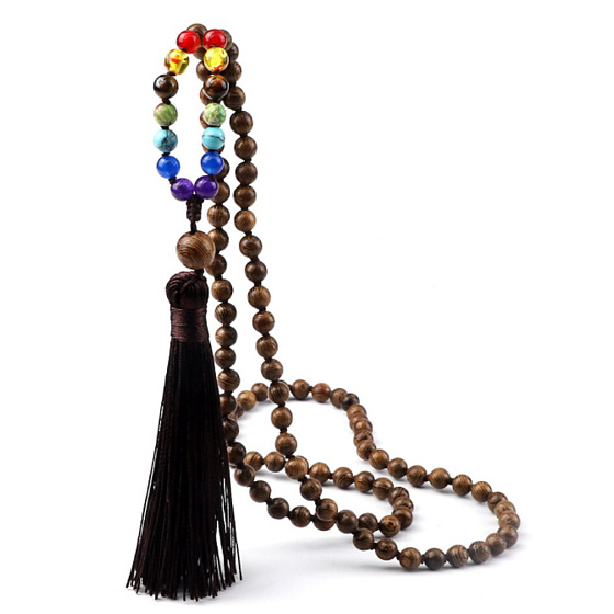 108 Mala 7 chakra necklace, wooden beads meditation rosary, tassel 8,5 cm, bead 6 mm
