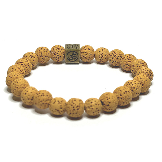 Lava yellow with royal mantra Om, bracelet elastic natural stone, ball 8 mm / 16-17 cm, born of the four elements