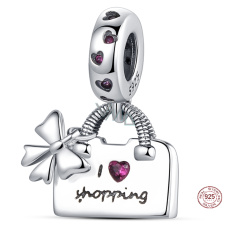 Charm Sterling silver 925 Chic style - handbag with bow - I love shopping, bracelet charm, interests Charm Sterling silver 925 Chic style - handbag with bow - I love shopping, bracelet charm, interests