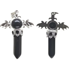 Black agate cross made of alloy and natural stone 5.3 x 3.7 x 12 mm, provides courage and strength,