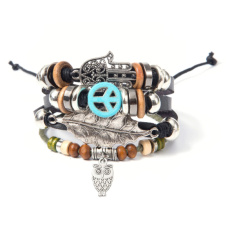Leather multi-layer bracelet, hippie symbol + owl + fatima's hand, adjustable size