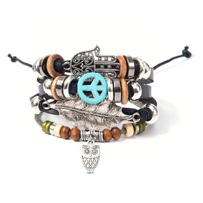 Leather multi-layer bracelet, hippie symbol + owl + fatima's hand, adjustable size Leather multi-layer bracelet, hippie symbol + owl + fatima's hand, adjustable size