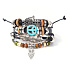 Leather multi-layer bracelet, hippie symbol + owl + fatima's hand, adjustable size