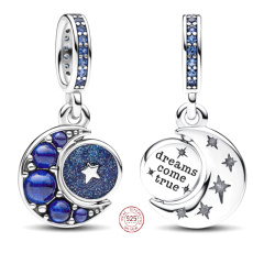 Charm Sterling silver 925 Half moon with royal blue, starry blue and light blue crystal, universe bracelet pendant