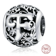 Sterling silver 925 Magic alphabet letter F with flowers, bead for bracelet