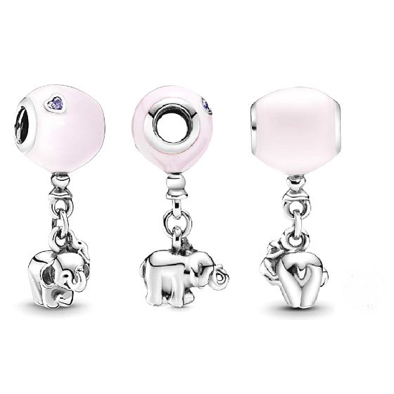 Charm Sterling silver 925 Elephant with pink balloon, pendant on bracelet family