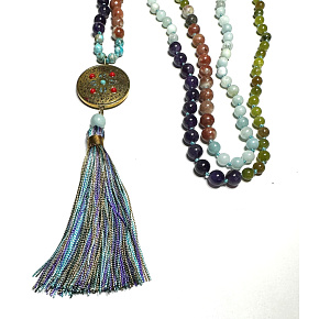 108 Mala 7 chakra necklace, meditation jewelry, natural stone, knotted, tassel 9 cm, bead 6+8 mm