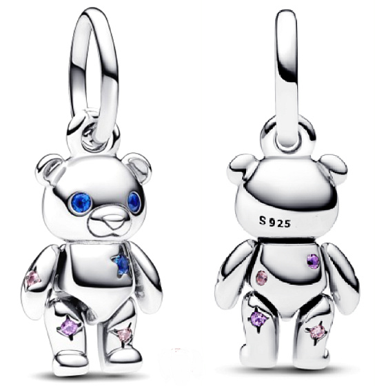Sterling silver 925 Movable teddy bear with blue eyes, animal bracelet pendant