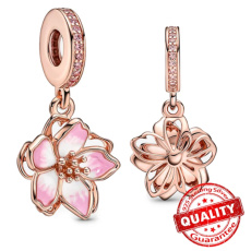 Charm Sterling silver 925 Cherry blossom gold plated in rose color, nature bracelet pendant