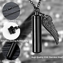 Commemorative urn pendant, Angel wings black waterproof, stainless steel 9 x 37 mm