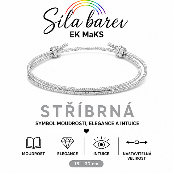 Šňůrkový náramek Síla barev – Stříbrná | Symbol moudrosti, elegance a intuice | nastavitelný 16 - 30 cm