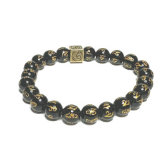 Black agate with royal mantra Om elastic bracelet natural stone, bead 8 mm / 16 - 17 cm, provides courage and strength