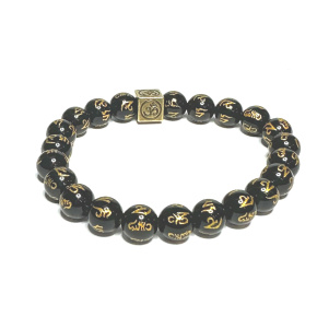 Black agate with royal mantra Om elastic bracelet natural stone, bead 8 mm / 16 - 17 cm, provides courage and strength Black agate with royal mantra Om elastic bracelet natural stone, bead 8 mm / 16 - 17 cm, provides courage and strength