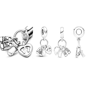 Charm Sterling silver 925 My baby, family charm with shoes, bottle and heart 3in1, pendant for bracelet family