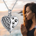 Commemorative urn pendant, Heart Angel wings + paws waterproof, Stainless steel 20 x 27 mm + chain 60 cm