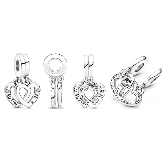 Charm Sterling Silver 925 United Sister Hearts, 2-in-1 Split Pendant for Family Bracelet