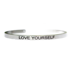 Stainless steel bracelet silver with engraving Love yourself, open cuff, 4 mm