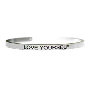 Stainless steel bracelet silver with engraving Love yourself, open cuff, 4 mm Stainless steel bracelet silver with engraving Love yourself, open cuff, 4 mm