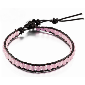 Rose quartz leather bracelet natural stone, handmade, clasp, ball 4 mm, 17 - 23 cm, stone of love