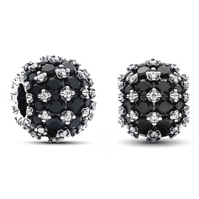 Charm Sterling silver 925 Shimmering round black charm Pavé, bead on bracelet symbol Charm Sterling silver 925 Shimmering round black charm Pavé, bead on bracelet symbol