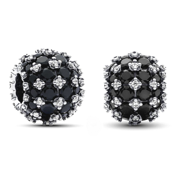 Charm Sterling silver 925 Shimmering round black charm Pavé, bead on bracelet symbol