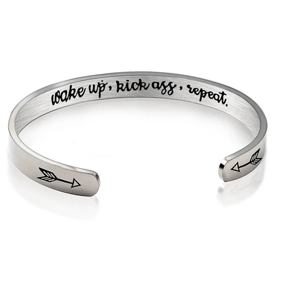 Stainless steel bracelet silver with engraving Wake up..., open cuff, 4 mm